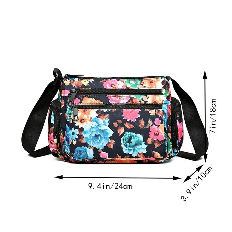 Tas Selempang Wanita Bahan Nylon Motif Floral Warna Hitam Bentuk Kotak Tali Grosir Import