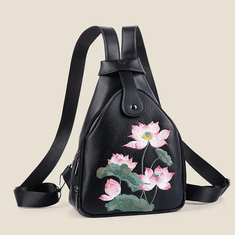 Tas Selempang Wanita Bahan PU Sintetis Motif Floral Warna Hitam Bentuk Kotak Grosir Import