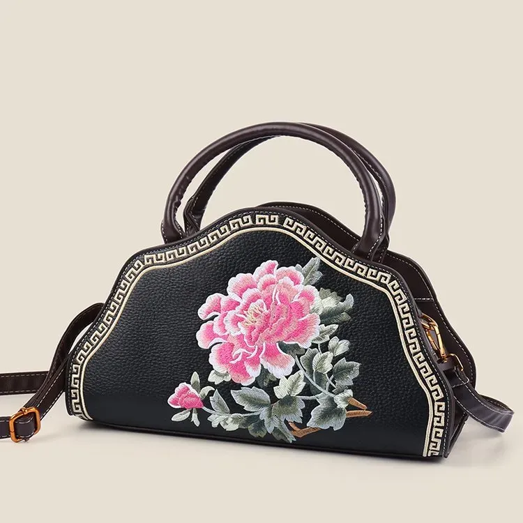 Tas Selempang Wanita Bahan PU Sintetis Motif Floral Warna Hitam Bentuk Kotak Grosir Import