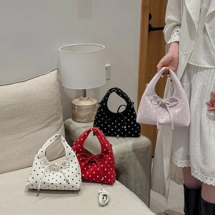 Tas Tote Wanita Bahan PU Sintetis Motif Polkadot Warna Hitam Bentuk Kotak Tali Grosir Import