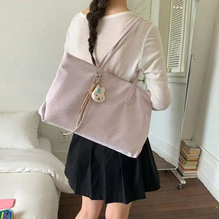 Tas Tote Wanita Bahan PU Sintetis Motif Polkadot Warna Hitam Bentuk Kotak Tali Grosir Import