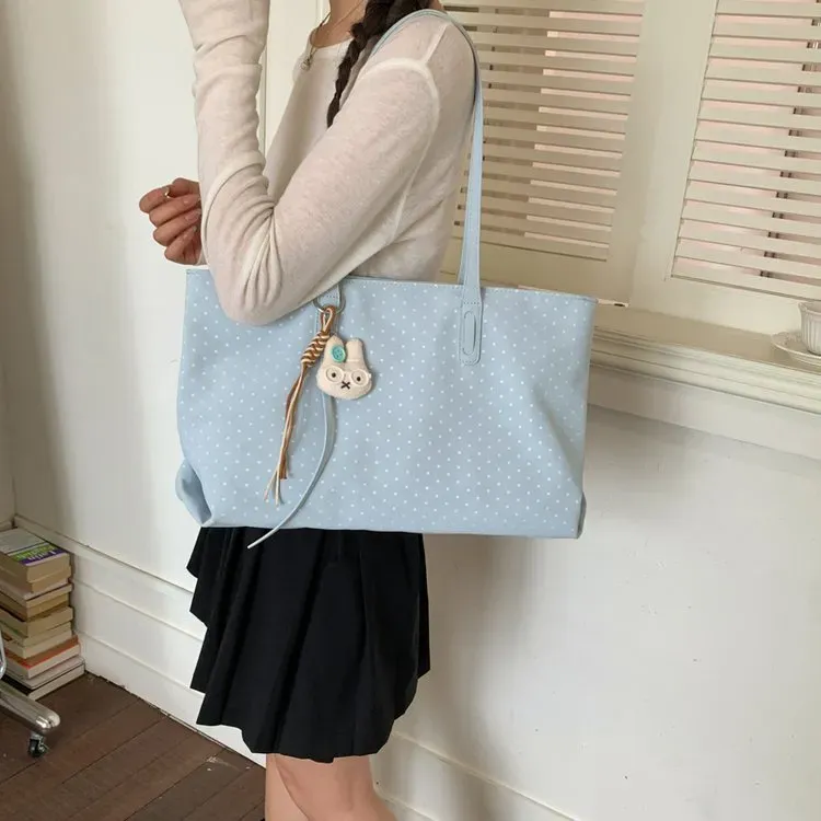 Tas Tote Wanita Bahan PU Sintetis Motif Polkadot Warna Hitam Bentuk Kotak Tali Grosir Import