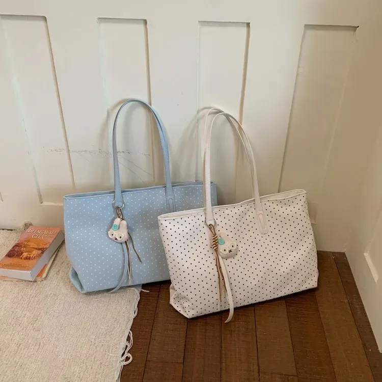 Tas Tote Wanita Bahan PU Sintetis Motif Polkadot Warna Hitam Bentuk Kotak Tali Grosir Import