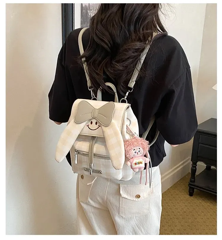 Tas Ransel Wanita Bahan Nylon Motif Print Warna Pink Bentuk Kotak Tali Panjang Resleting