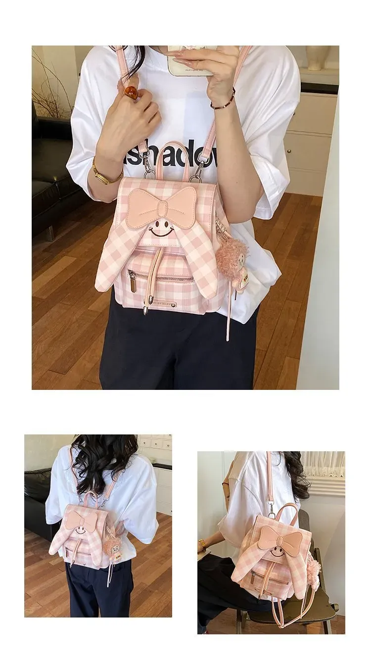 Tas Ransel Wanita Bahan Nylon Motif Print Warna Pink Bentuk Kotak Tali Panjang Resleting