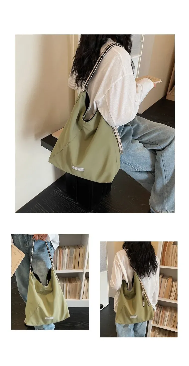 Tas Selempang Wanita Bahan Nylon Polos Warna Putih Model Hobo Tali Rantai Grosir Import