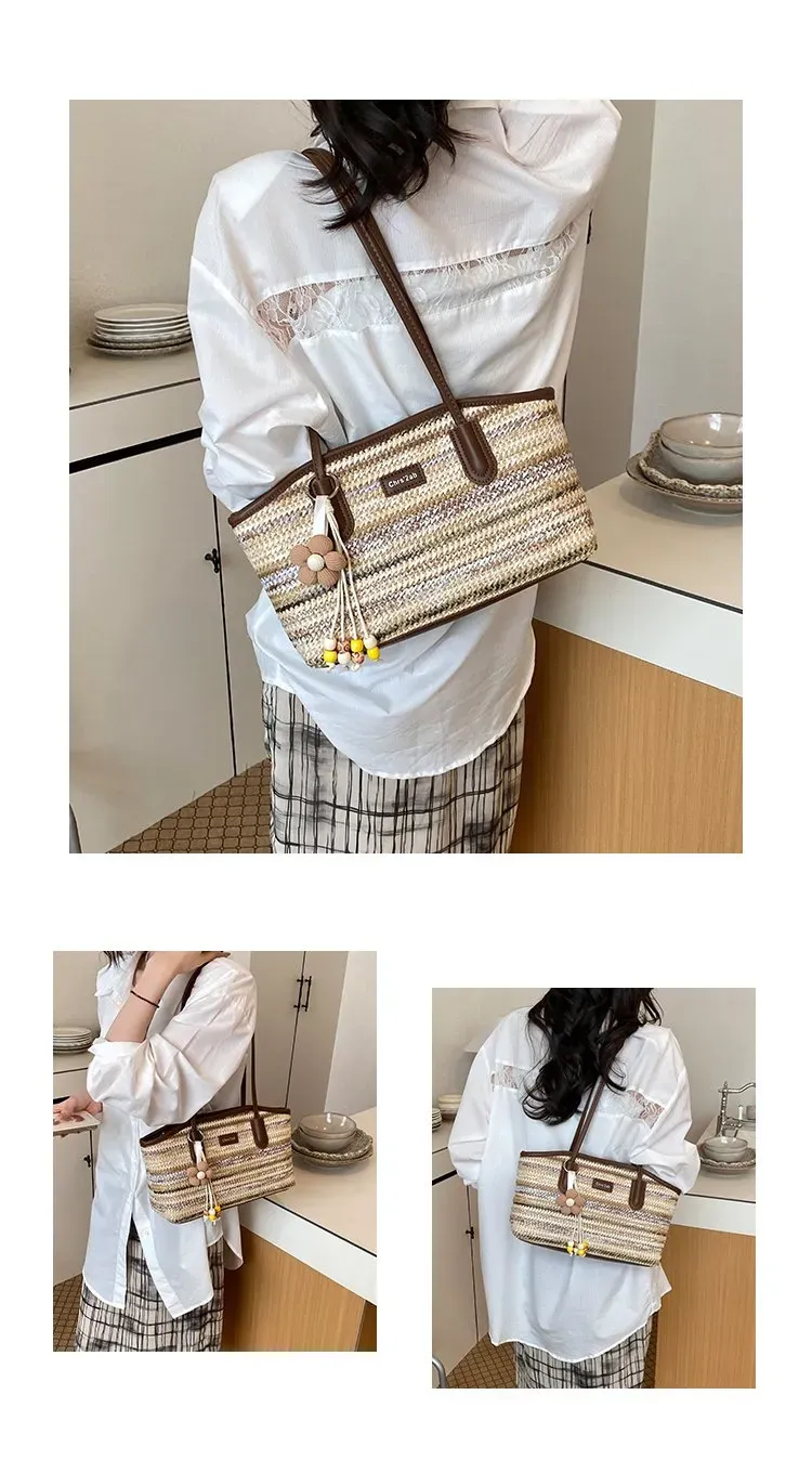 Tas Selempang Wanita Bahan PU Sintetis Motif Strip Bentuk Kotak Tali Panjang Grosir Import