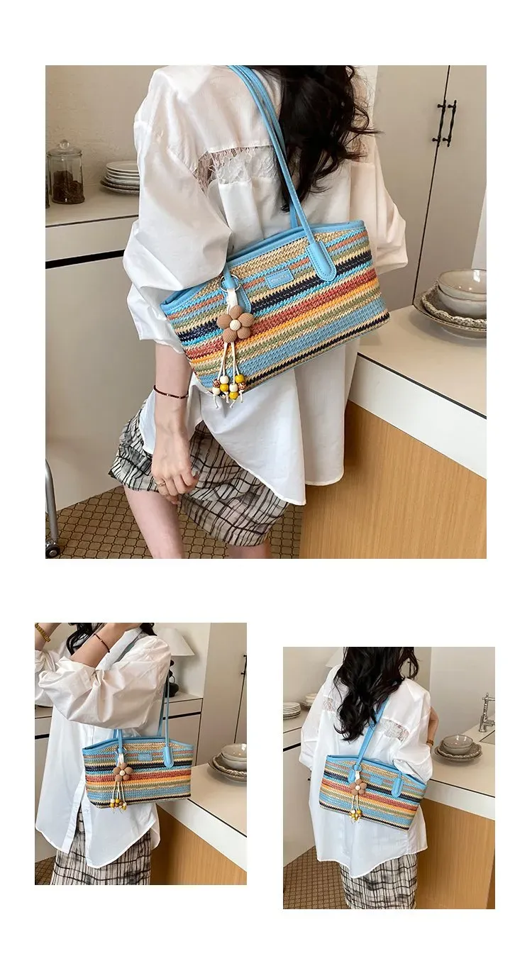 Tas Selempang Wanita Bahan PU Sintetis Motif Strip Bentuk Kotak Tali Panjang Grosir Import