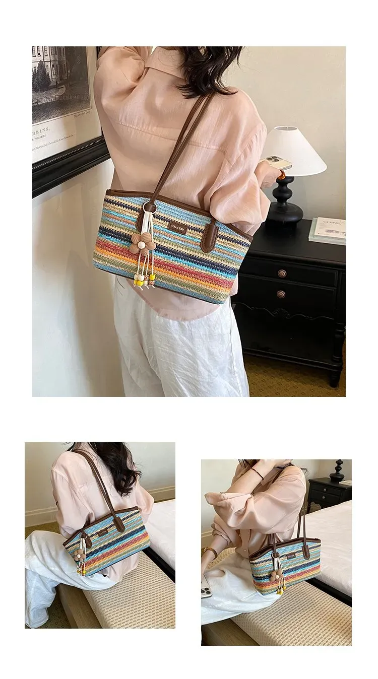Tas Selempang Wanita Bahan PU Sintetis Motif Strip Bentuk Kotak Tali Panjang Grosir Import