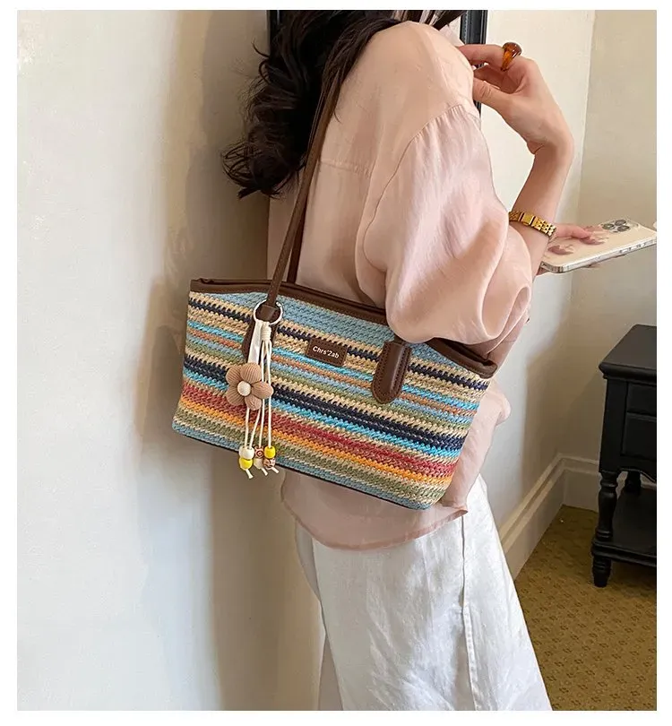 Tas Selempang Wanita Bahan PU Sintetis Motif Strip Bentuk Kotak Tali Panjang Grosir Import kategori tas selempang grosir
