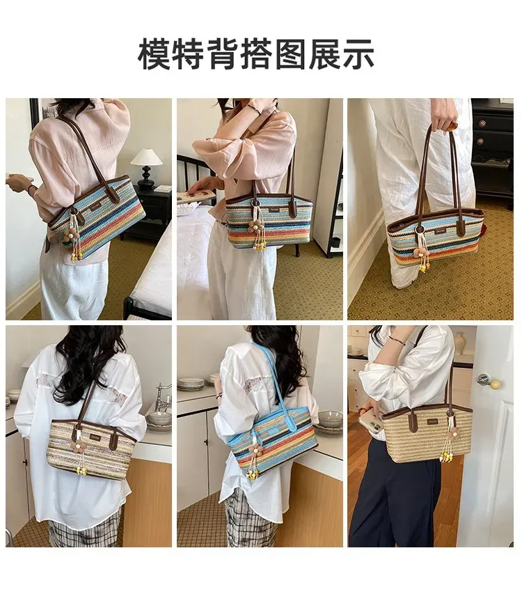 Tas Selempang Wanita Bahan PU Sintetis Motif Strip Bentuk Kotak Tali Panjang Grosir Import
