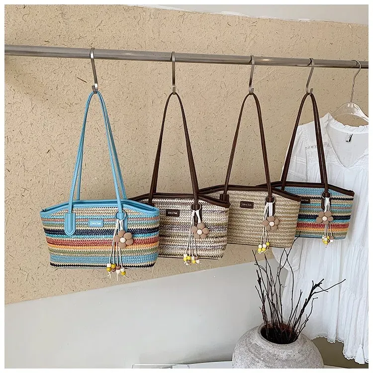 Tas Selempang Wanita Bahan PU Sintetis Motif Strip Bentuk Kotak Tali Panjang Grosir Import