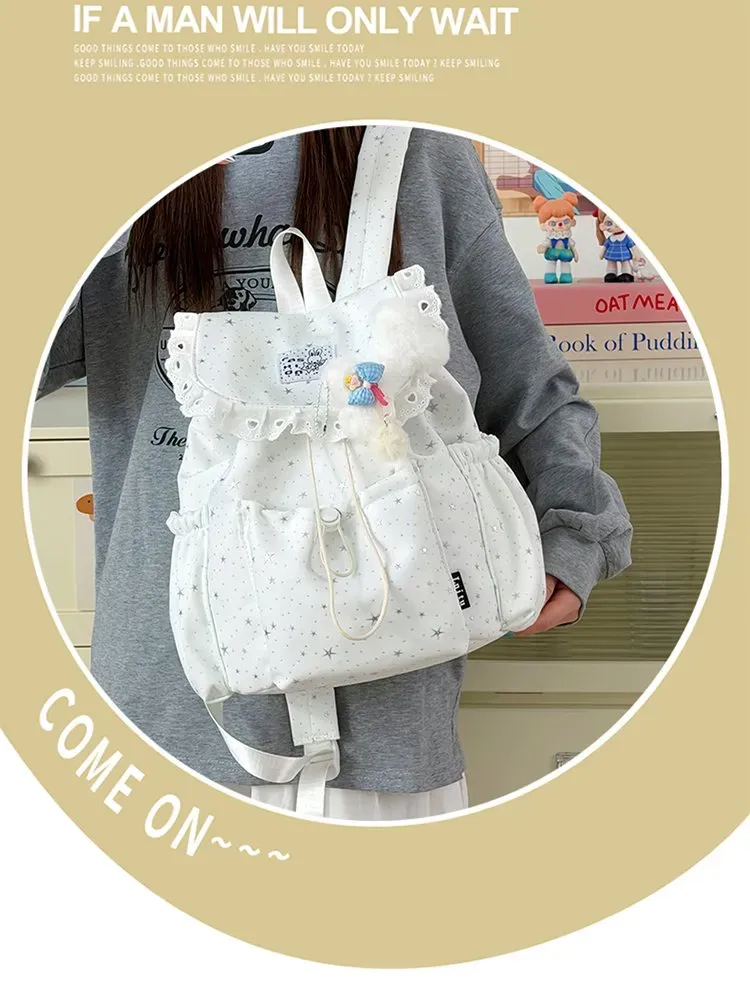 Tas Ransel Wanita Bahan Nylon Motif Print Warna Biru Bentuk Kotak Tali Lebar Model Import