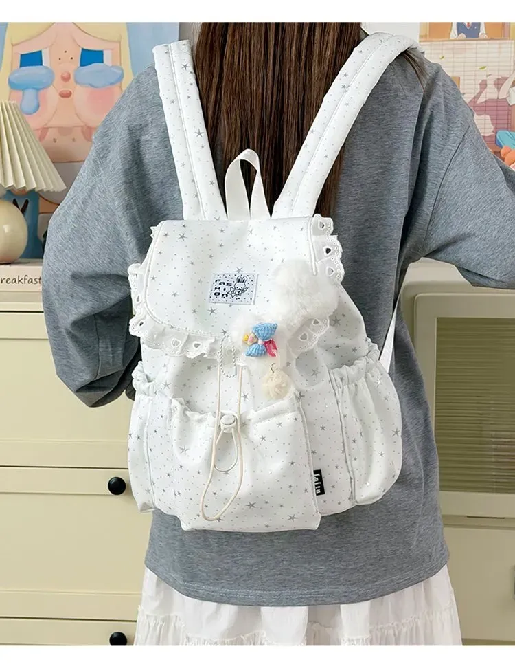 Tas Ransel Wanita Bahan Nylon Motif Print Warna Biru Bentuk Kotak Tali Lebar Model Import