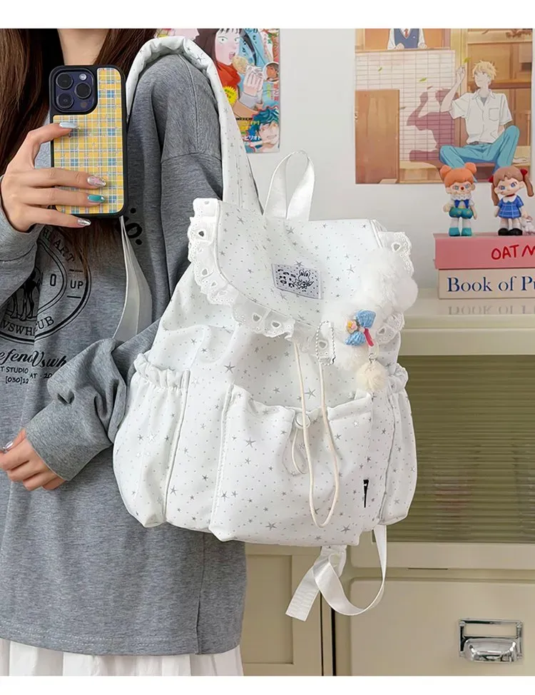 Tas Ransel Wanita Bahan Nylon Motif Print Warna Biru Bentuk Kotak Tali Lebar Model Import