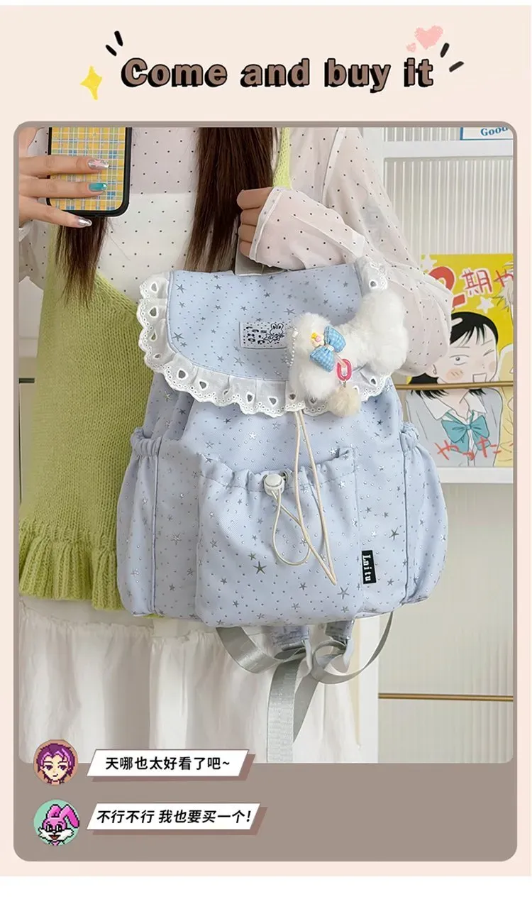 Tas Ransel Wanita Bahan Nylon Motif Print Warna Biru Bentuk Kotak Tali Lebar Model Import
