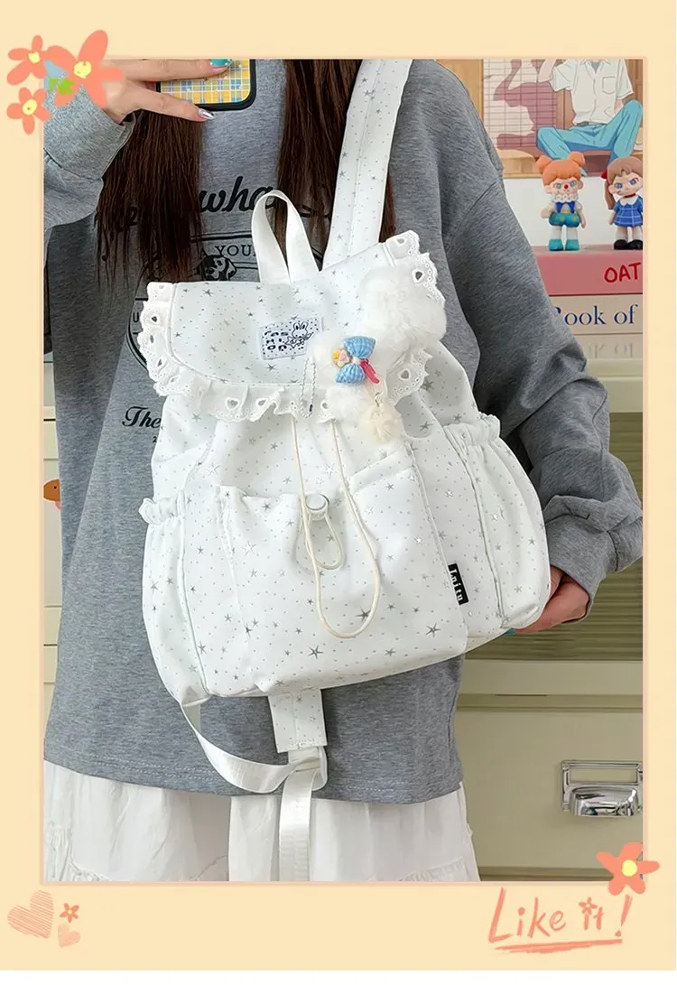 Tas Ransel Wanita Bahan Nylon Motif Print Warna Biru Bentuk Kotak Tali Lebar Model Import