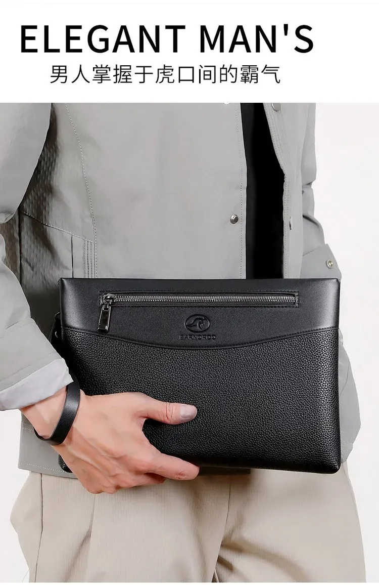 Tas Selempang Pria Bahan PU Sintetis Polos Warna Hitam Bentuk Kotak Tali Serut Grosir Import