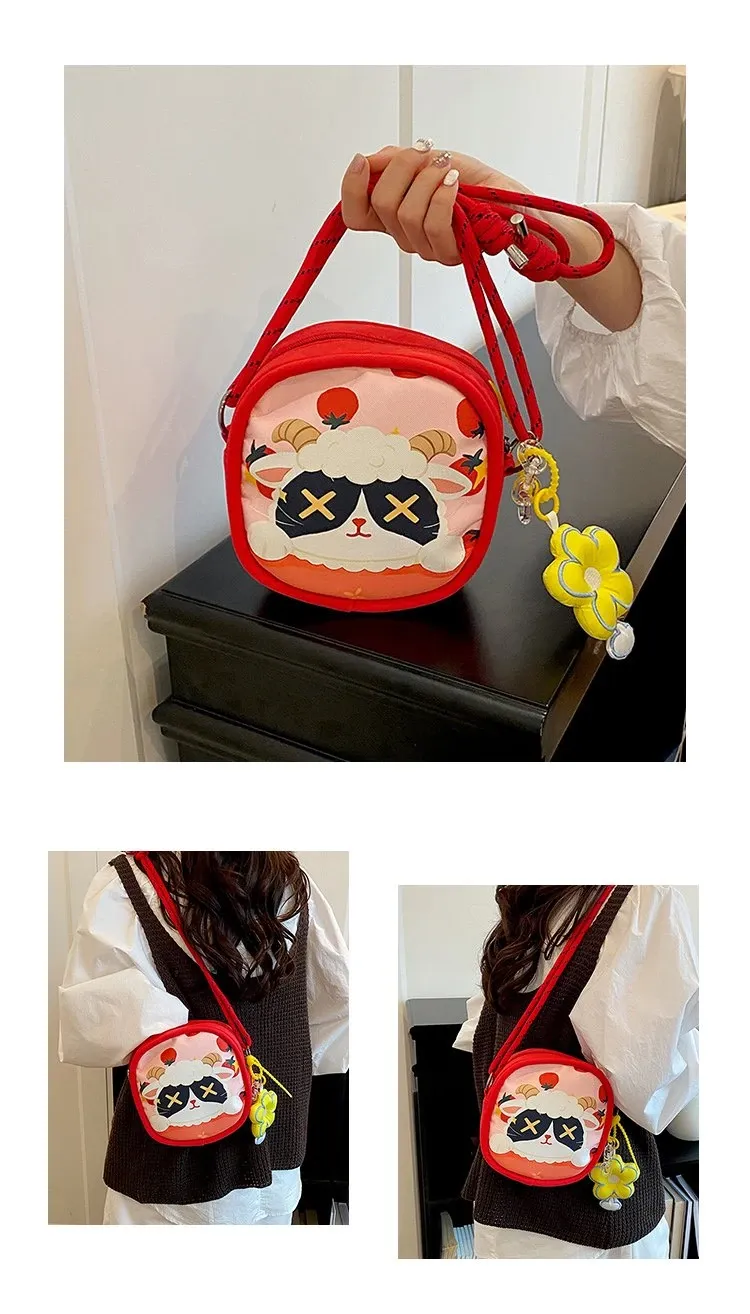 Tas Selempang Wanita Bahan PU Sintetis Motif Print Warna Merah Bentuk Kotak Tali Pilihan