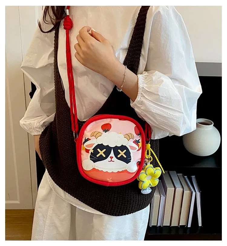 Tas Selempang Wanita Bahan PU Sintetis Motif Print Warna Merah Bentuk Kotak Tali Pilihan