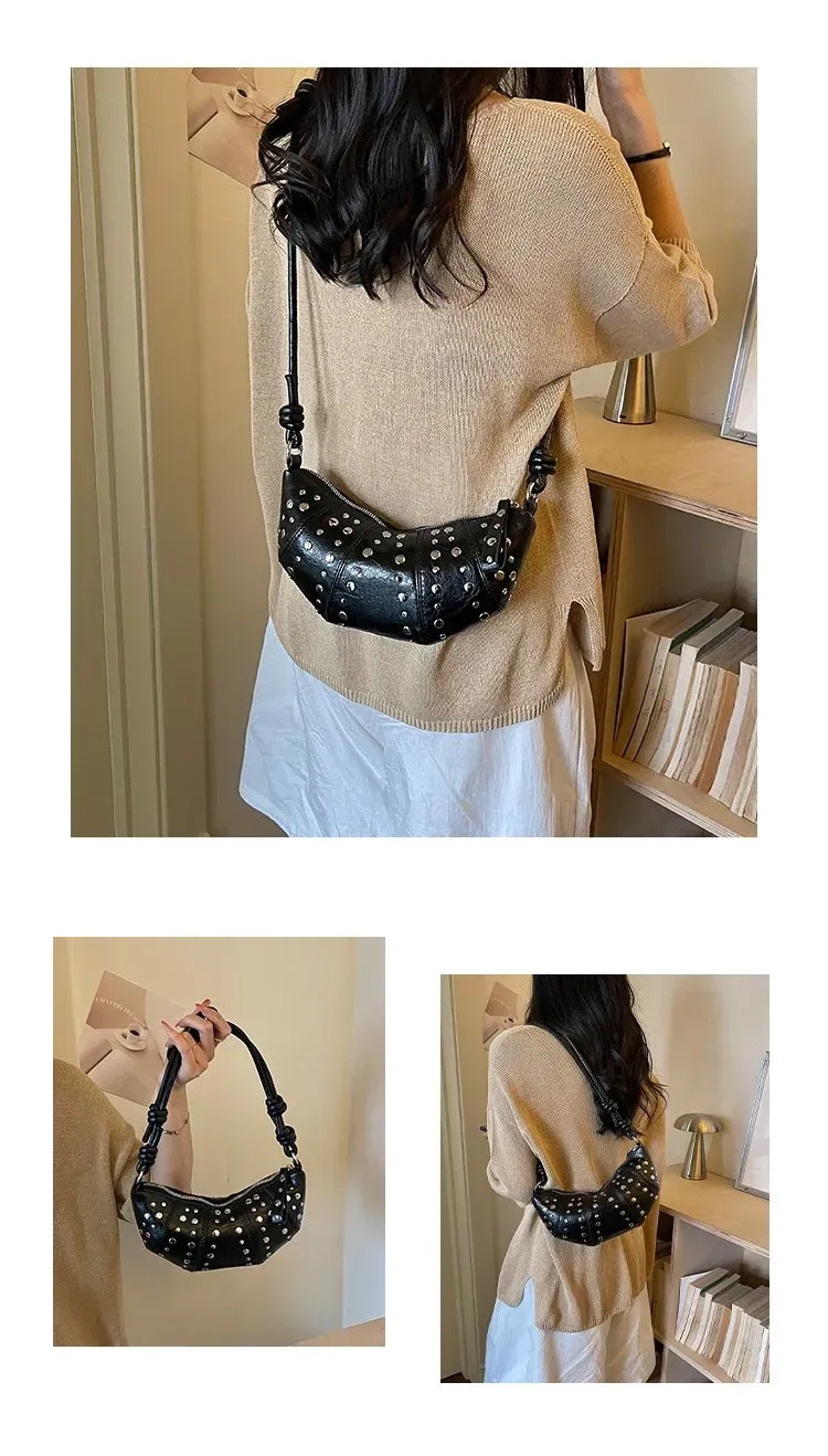 Tas Selempang Wanita Bahan PU Sintetis Motif Print Warna Hitam Bentuk Crescent Resleting