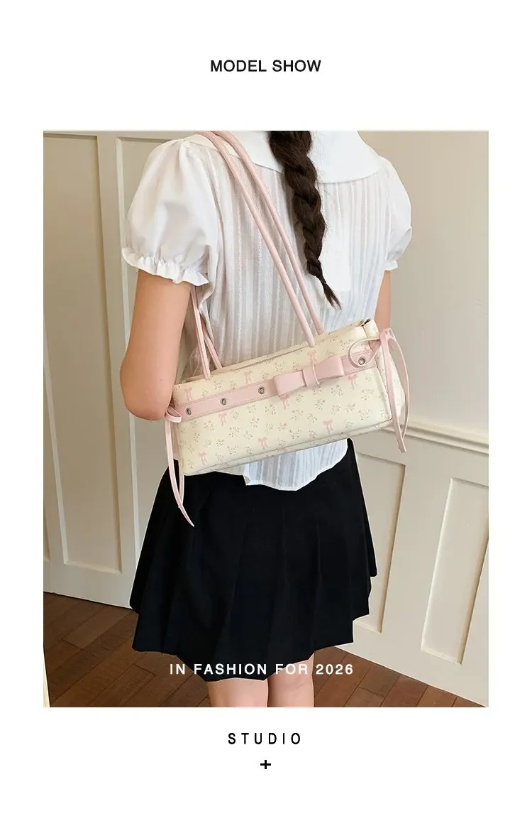 Tas Selempang Wanita Bahan PU Sintetis Motif Print Warna Pink Bentuk Kotak Tali untuk Toko