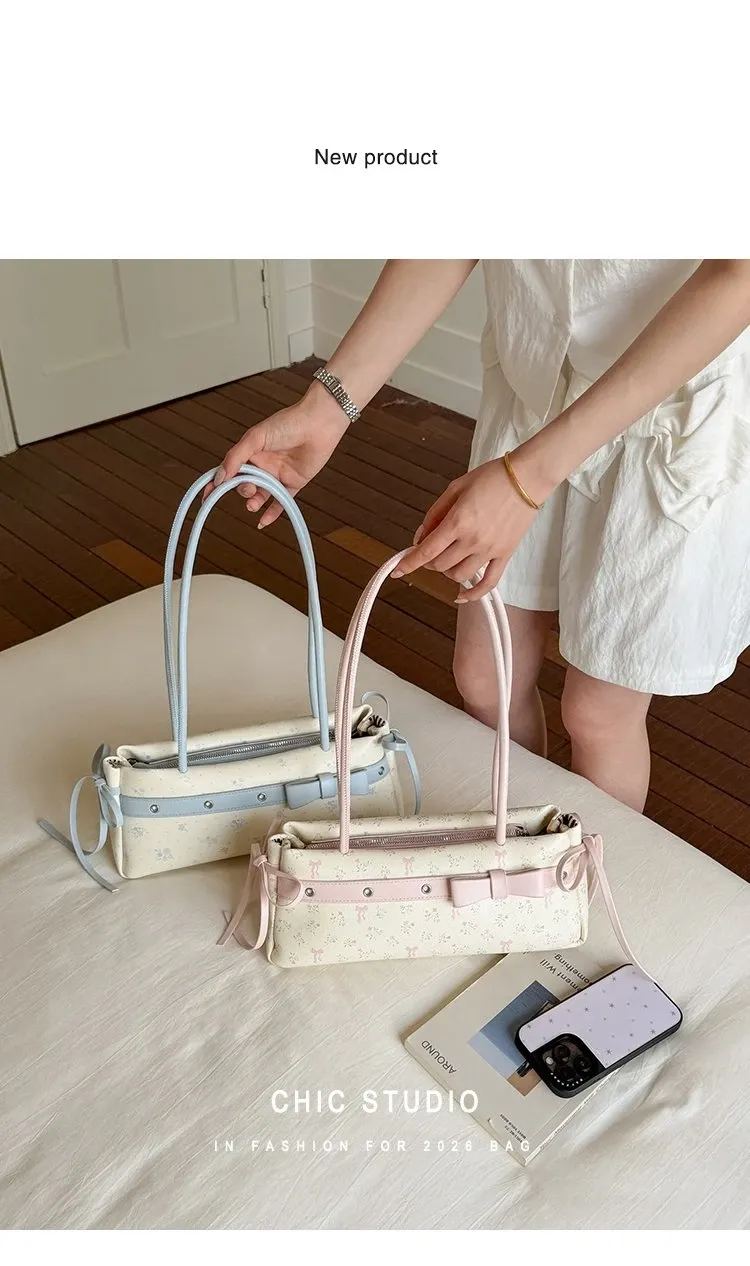 Tas Selempang Wanita Bahan PU Sintetis Motif Print Warna Pink Bentuk Kotak Tali untuk Toko