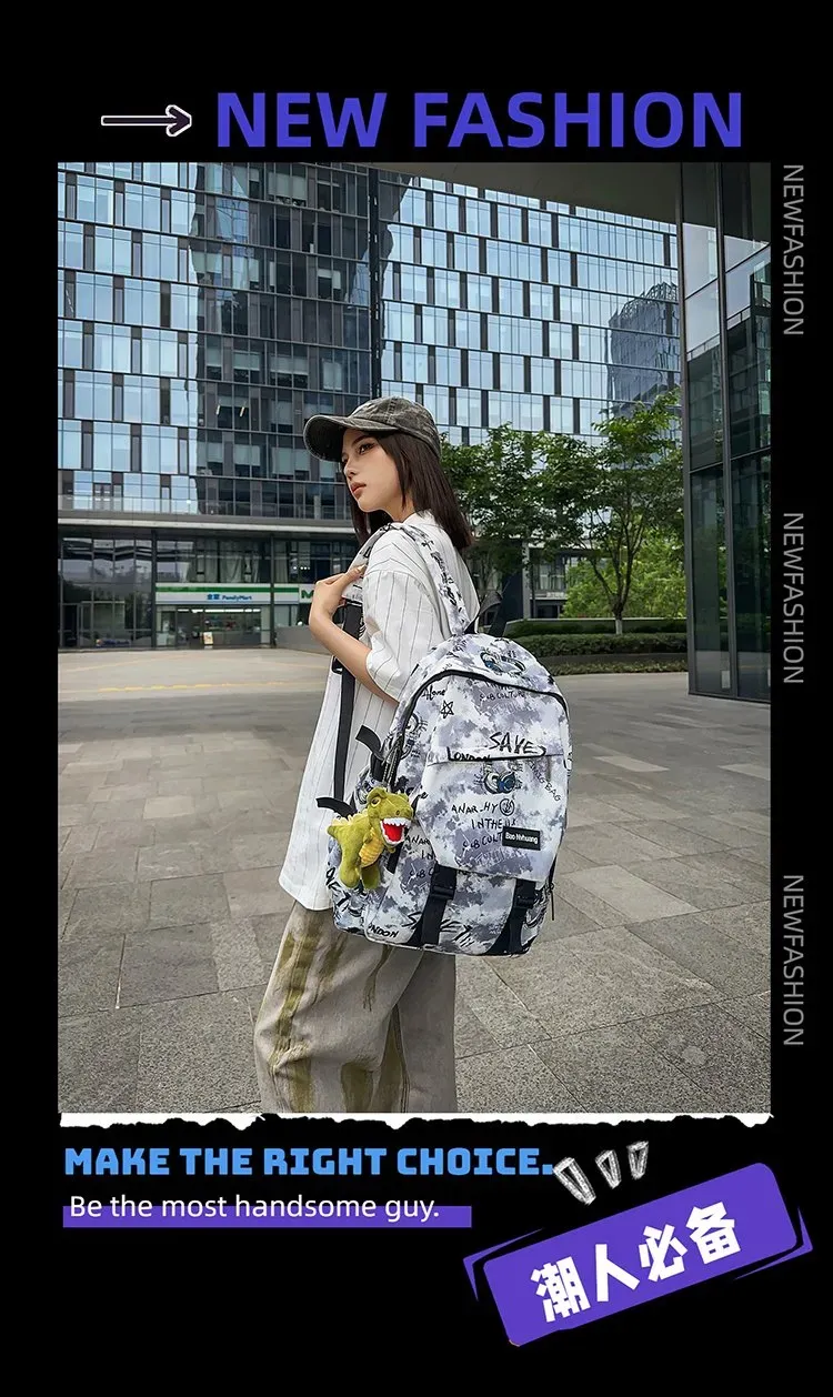 Tas Ransel Wanita Bahan Oxford Motif Print Warna Hitam Bentuk Kotak Tali Lebar Grosir Import