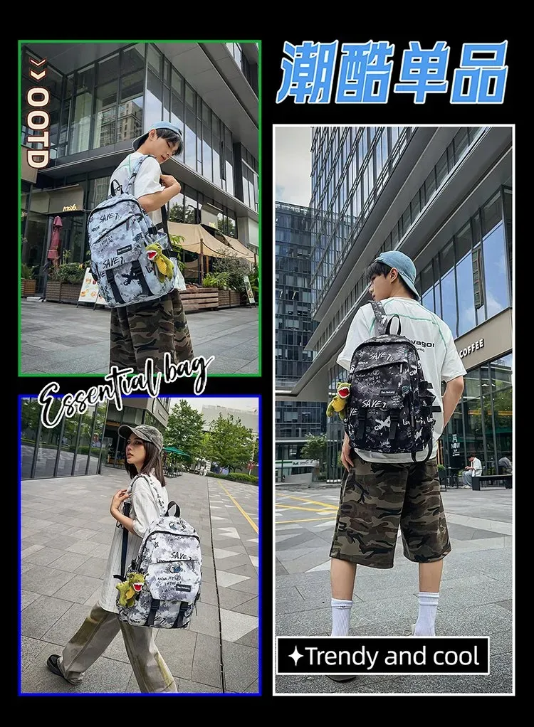 Tas Ransel Wanita Bahan Oxford Motif Print Warna Hitam Bentuk Kotak Tali Lebar Grosir Import
