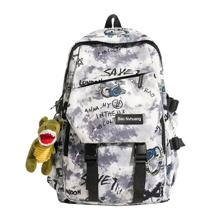 Tas Ransel Wanita Bahan Oxford Motif Print Warna Hitam Bentuk Kotak Tali Lebar Grosir Import