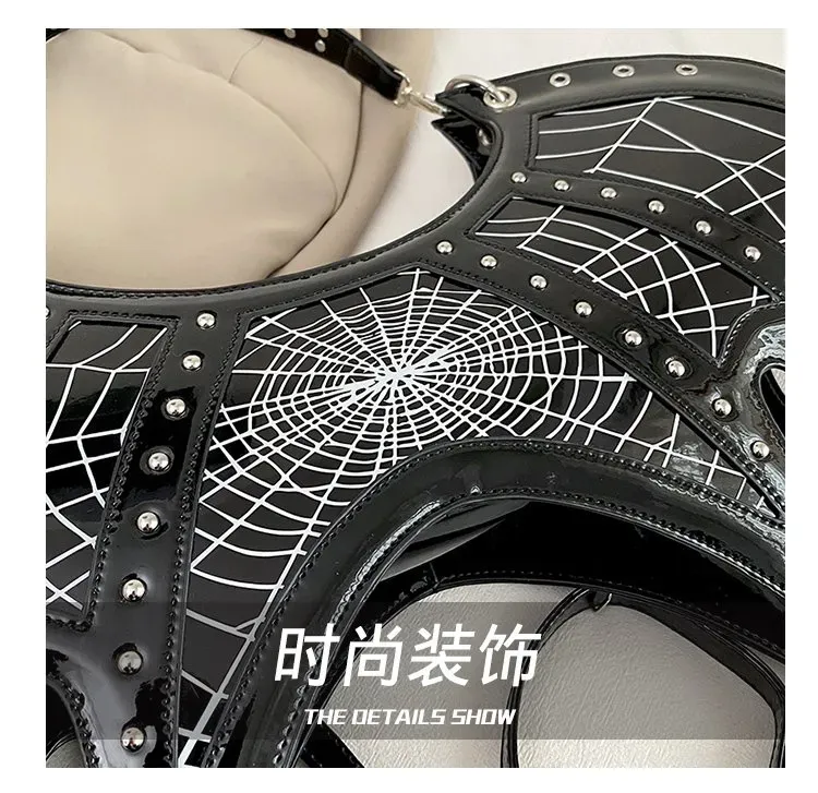 Tas Selempang Wanita Bahan PU Sintetis Motif Spider Web Warna Hitam Bentuk Bulat Grosir Import