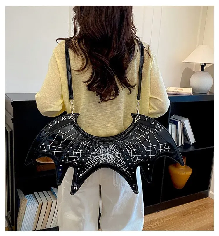 Tas Selempang Wanita Bahan PU Sintetis Motif Spider Web Warna Hitam Bentuk Bulat Grosir Import