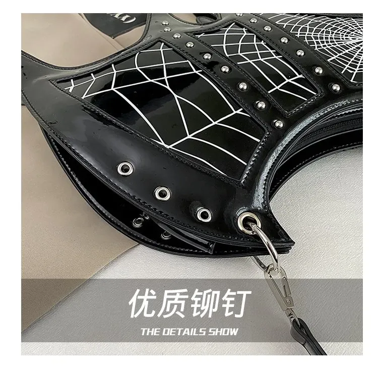 Tas Selempang Wanita Bahan PU Sintetis Motif Spider Web Warna Hitam Bentuk Bulat Grosir Import