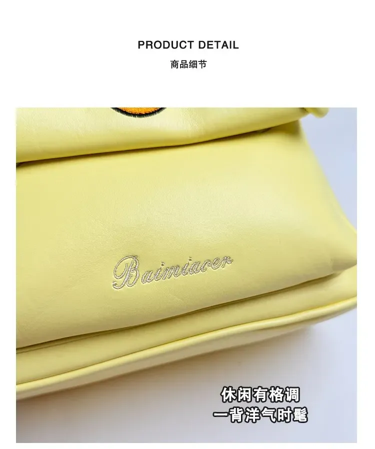 Tas Ransel Wanita Bahan PU Sintetis Polos Warna Kuning Bentuk Kotak Tali Lebar Grosir Import