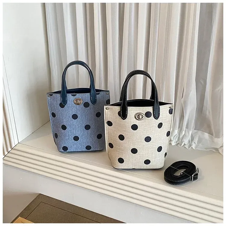 Tas Selempang Wanita Bahan PU Sintetis Motif Polkadot Bentuk Kotak Tali Panjang untuk Toko