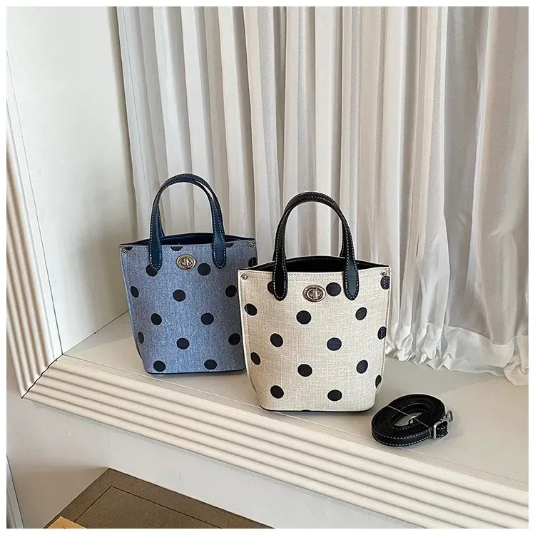 Tas Selempang Wanita Bahan PU Sintetis Motif Polkadot Bentuk Kotak Tali Panjang untuk Toko