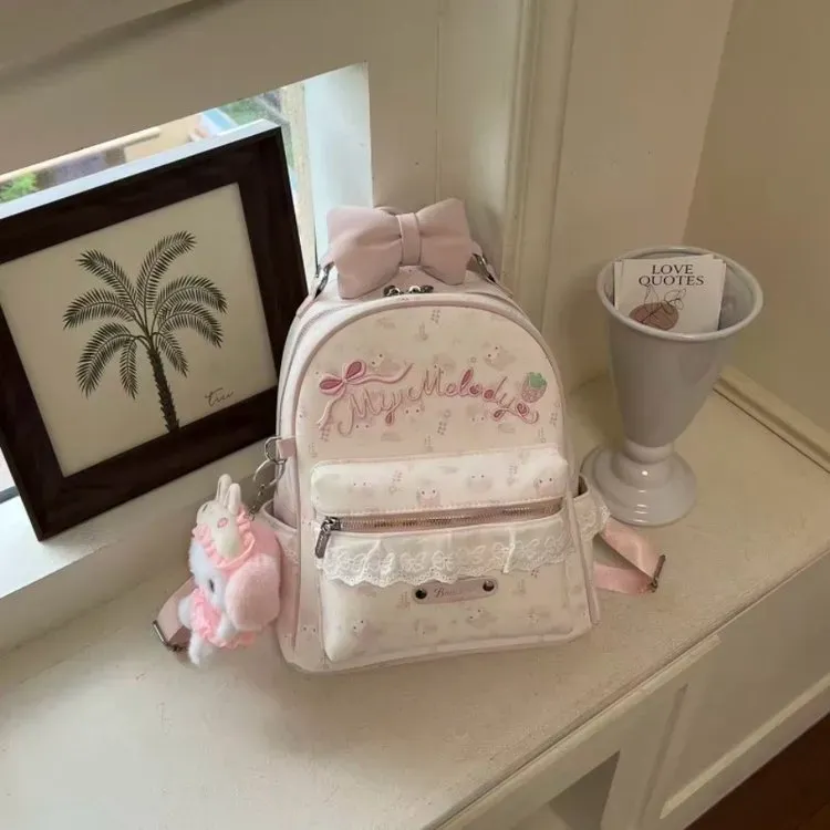 Tas Ransel Wanita Bahan PU Sintetis Motif Print Warna Pink Bentuk Kotak Tali Grosir Import