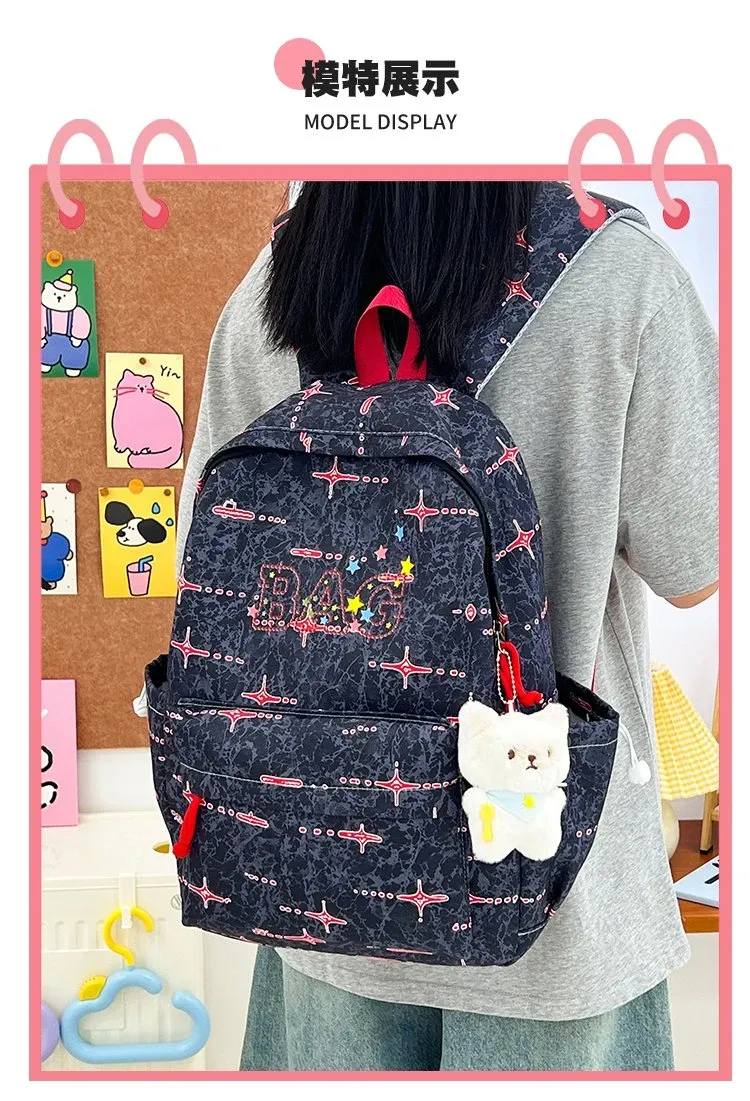 Tas Ransel Wanita Bahan Nylon Motif Print Warna Biru Bentuk Kotak Tali Panjang Resleting