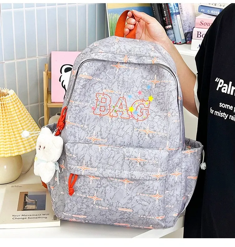 Tas Ransel Wanita Bahan Nylon Motif Print Warna Biru Bentuk Kotak Tali Panjang Resleting