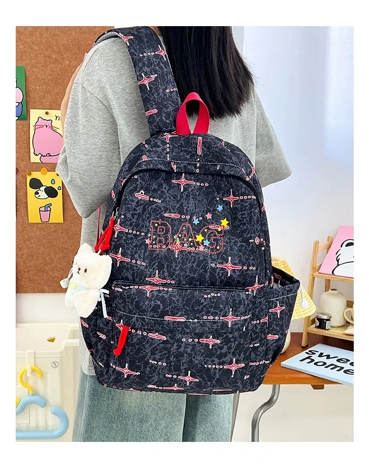Tas Ransel Wanita Bahan Nylon Motif Print Warna Biru Bentuk Kotak Tali Panjang Resleting