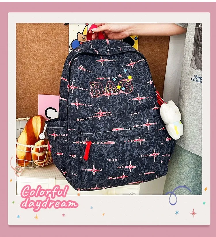 Tas Ransel Wanita Bahan Nylon Motif Print Warna Biru Bentuk Kotak Tali Panjang Resleting
