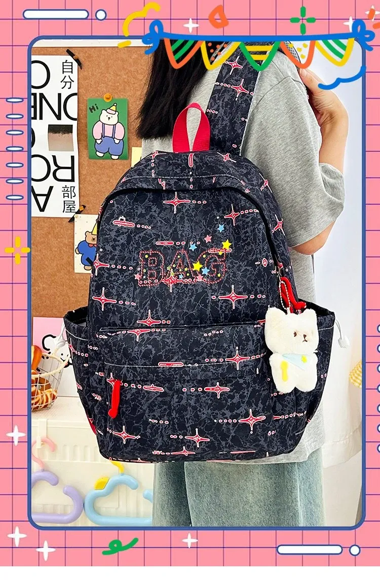 Tas Ransel Wanita Bahan Nylon Motif Print Warna Biru Bentuk Kotak Tali Panjang Resleting