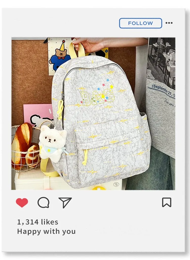 Tas Ransel Wanita Bahan Nylon Motif Print Warna Biru Bentuk Kotak Tali Panjang Resleting