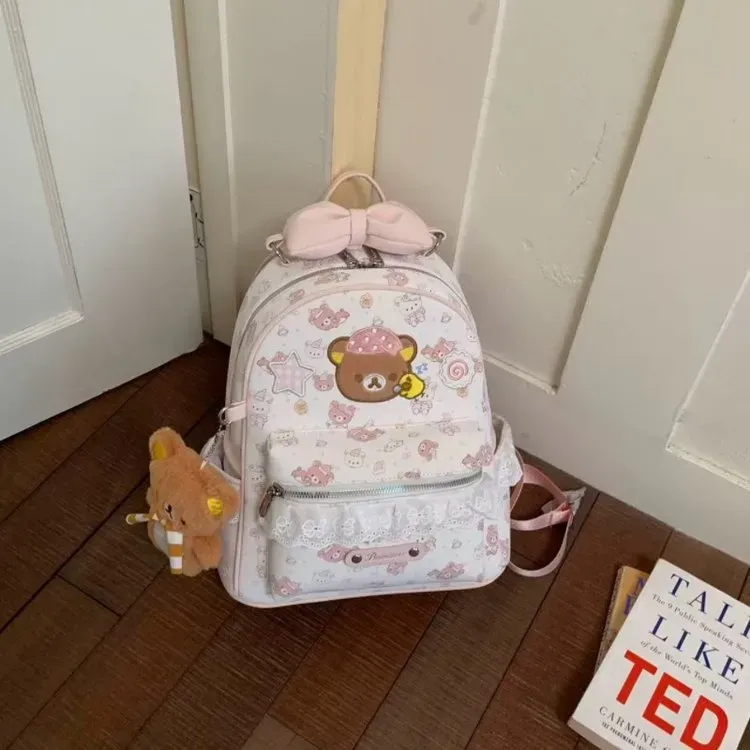 Tas Ransel Anak Bahan PU Sintetis Motif Print Warna Putih Bentuk Kotak Tali Grosir Import