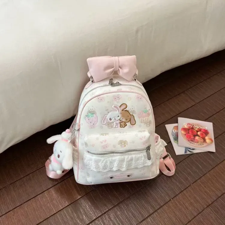 Tas Ransel Wanita Bahan PU Sintetis Motif Print Warna Putih Bentuk Kotak Tali Grosir Import