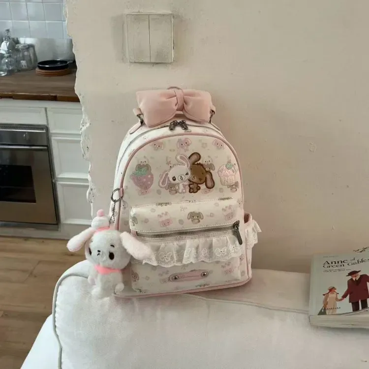 Tas Ransel Wanita Bahan PU Sintetis Motif Print Warna Putih Bentuk Kotak Tali Grosir Import