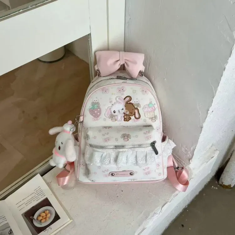 Tas Ransel Wanita Bahan PU Sintetis Motif Print Warna Putih Bentuk Kotak Tali Grosir Import