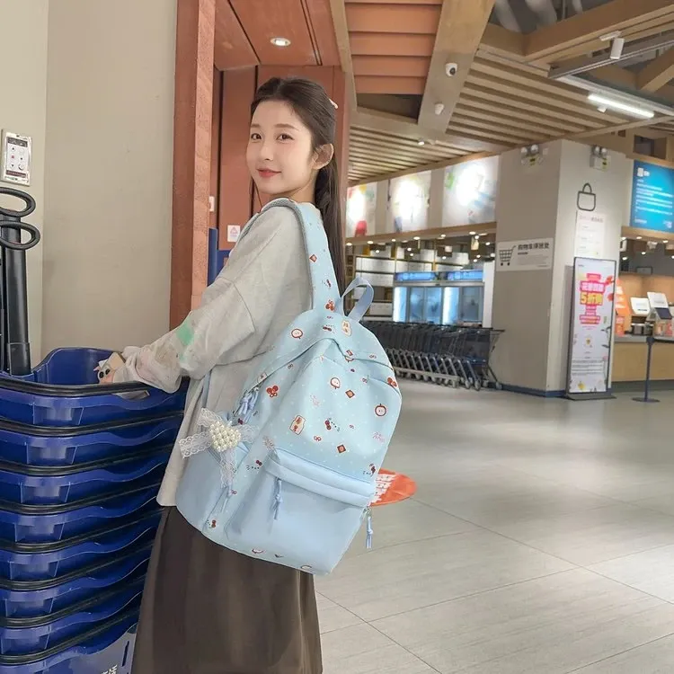 Tas Ransel Wanita Bahan Nylon Motif Print Warna Biru Bentuk Kotak Tali Lebar Motif Floral