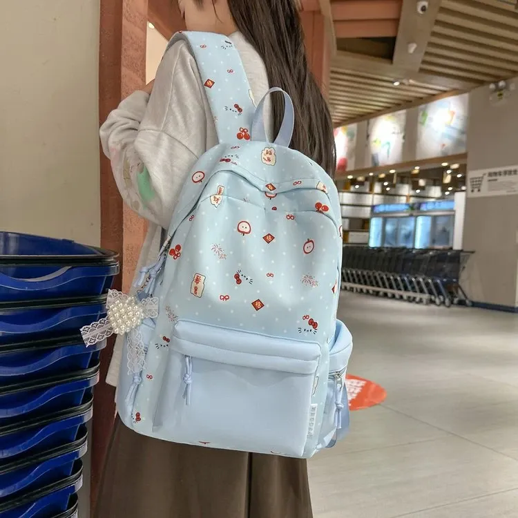 Tas Ransel Wanita Bahan Nylon Motif Print Warna Biru Bentuk Kotak Tali Lebar Motif Floral