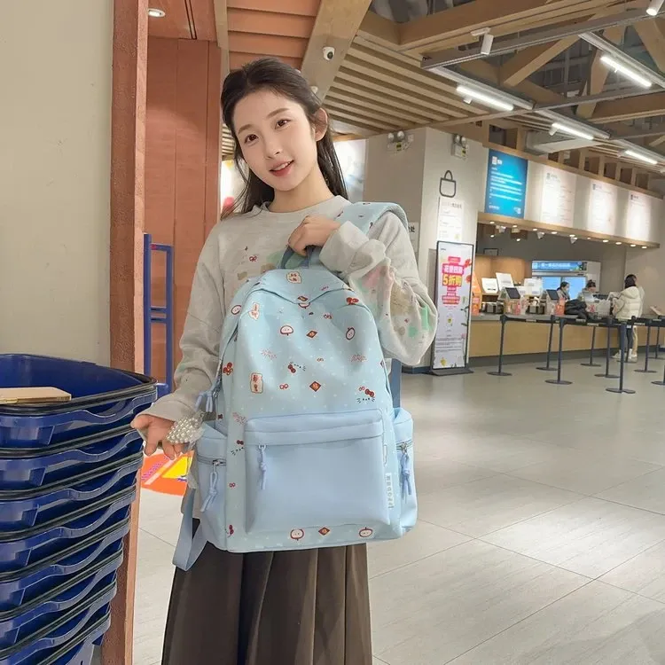 Tas Ransel Wanita Bahan Nylon Motif Print Warna Biru Bentuk Kotak Tali Lebar Motif Floral